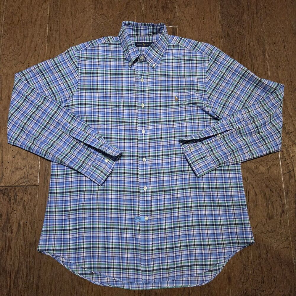 Ralph Lauren Polo Men's Button Down Flesh Pony Blue Check Oxford Shirt Large